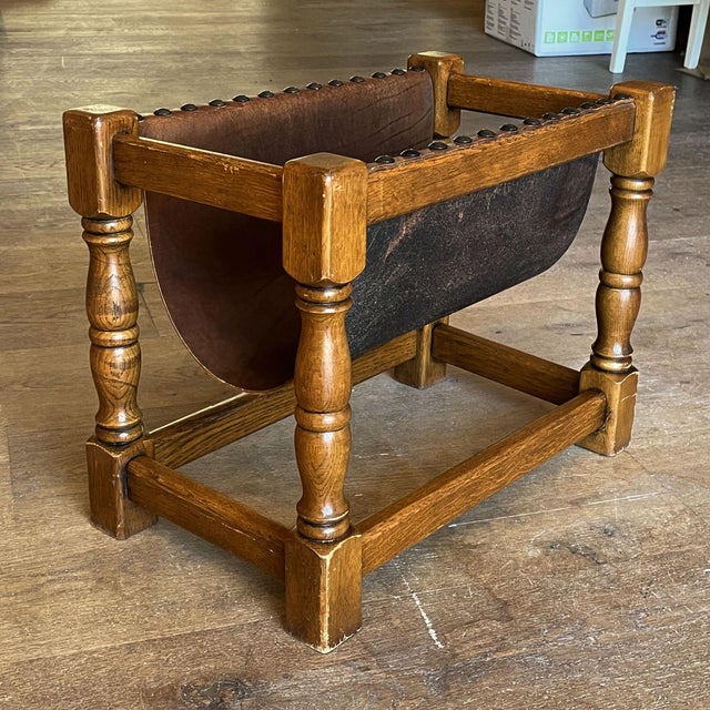 Dutch Wood Magazine Rack with Leather Sling, 1970s For Sale - Image 12 of 12