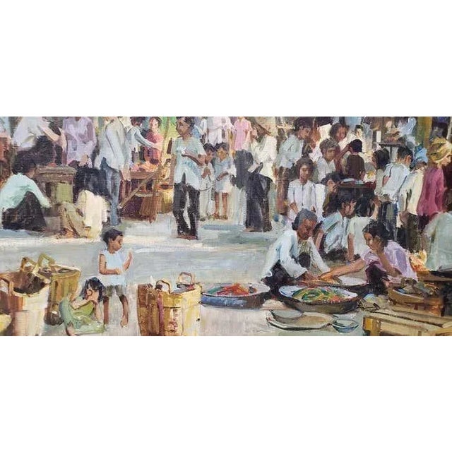 Textile Gerald Merfeld "Street Market, Vietnam" Original Oil Painting C.1980s For Sale - Image 7 of 9