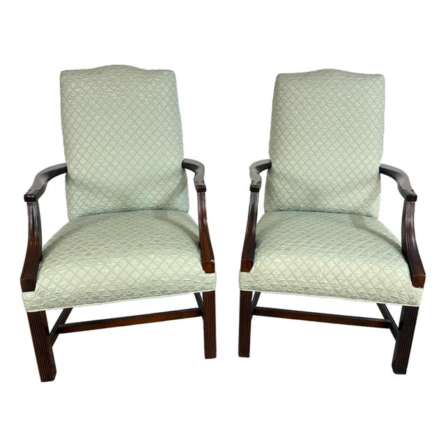 Pair of Textured Sea-Foam Green Upholstered Arm Chairs For Sale