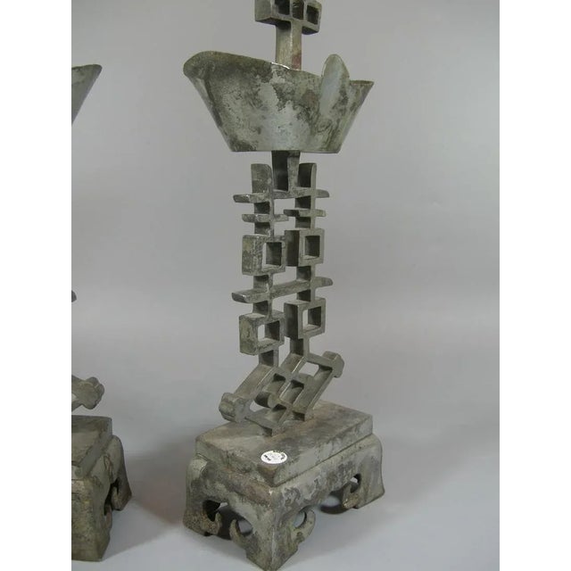 Tall Antique Chinese "Double-Happiness" Pewter Candlesticks - A Pair For Sale - Image 4 of 11