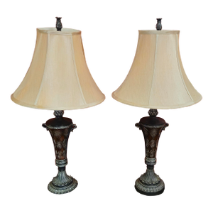 1980s Table Lamps, 3-Way Lighting With Fabric Shades - A Pair