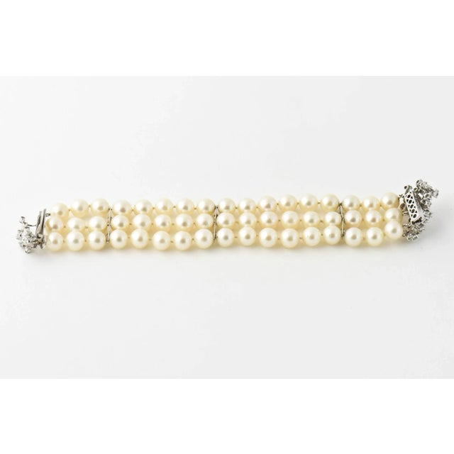 Mid 20th Century Mid-20th Century Triple Strand Cultured Pearl and Diamond White Gold Bracelet For Sale - Image 5 of 10