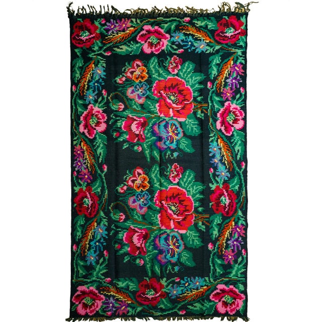 Cream Vintage Romanian-Moldovan Bessarabian-Style Handwoven Wool Rug with Dark Floral Folk Pattern, Blue Field, and Fringe, 1970s For Sale - Image 8 of 10