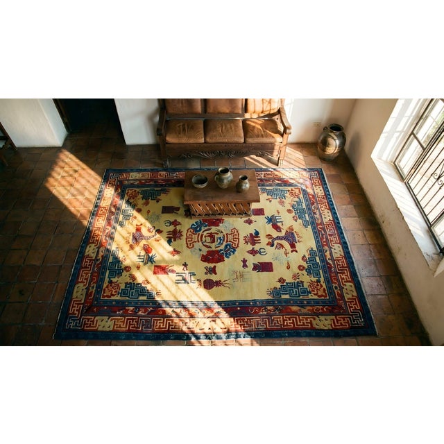 Fantastic Tan Beige and Red Color With Florid and Animalistic Design Antique Chinese Ningxia Rug For Sale - Image 13 of 15