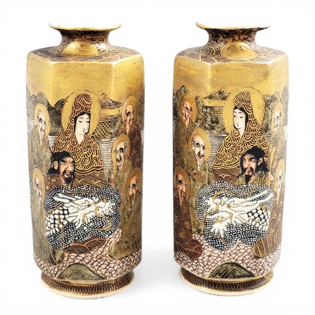 Japanese Satsuma Hexagonal Vases with Dragon and Rakan, Set of 2 For Sale - Image 13 of 13