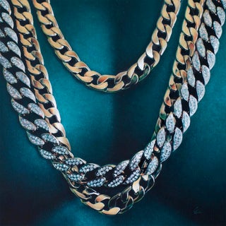 Chainz by Grant Gilsdorf | Oil on Artefex ACM panel depicting gold and diamond necklaces. For Sale