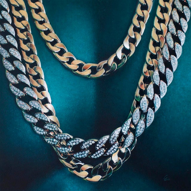 Chainz by Grant Gilsdorf | Oil on Artefex ACM panel depicting gold and diamond necklaces. For Sale