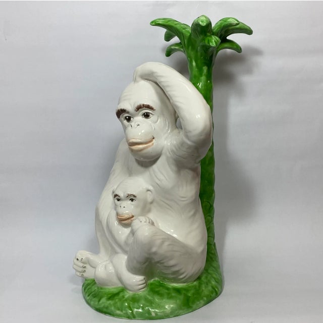 Chelsea House Inc Vintage Majolica Monkey Pair With Palm Tree, Italy, 16” Tall For Sale - Image 4 of 12