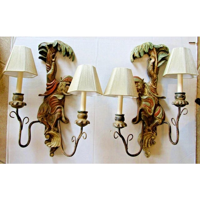 Hollywood Regency 1920s Polychrome Hand Carved Wood and Iron Monkey Wall Sconces - a Pair For Sale - Image 3 of 17
