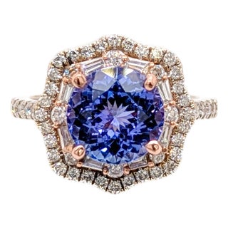 2.4cts Tanzanite Ring With Double Diamond Halo: Solid 14k Gold, Round 7mm, Size 6.75 For Sale