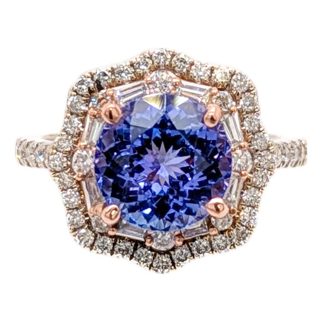 2.4cts Tanzanite Ring With Double Diamond Halo: Solid 14k Gold, Round 7mm, Size 6.75 For Sale