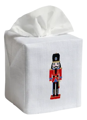Nutcracker Tissue Box Cover in White Linen & Cotton, Embroidered