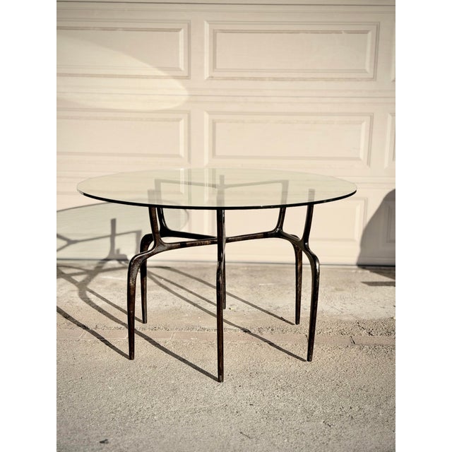 Sculptural Antique Bronzed Iron Legs Round 48” Glass Top Cyrano Dining Table by Made Goods For Sale - Image 11 of 11