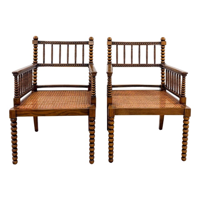 William Morris Style Bobbin Turned Cane Chairs Mid Century For Sale