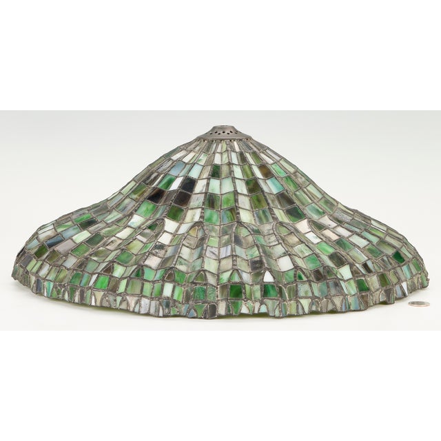 Mid-20th Century 20'' Tiffany-Style Leaded Green Slag Glass Lotus Leaf Lamp Shade For Sale - Image 15 of 18