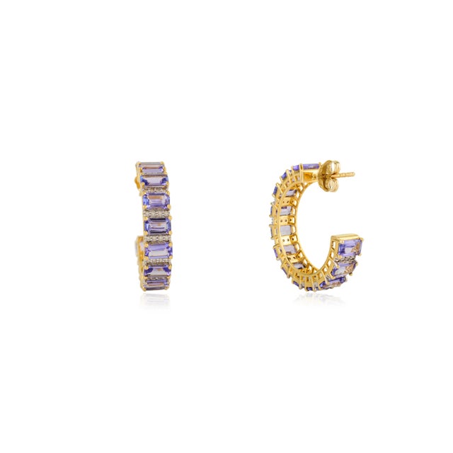 Not Yet Made - Made To Order Octagon Cut 6.61 Ct Tanzanite Cluster Diamond 14k Gold Hoop Earrings- A Pair For Sale - Image 5 of 9