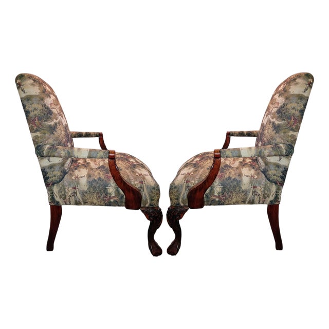 Elevate Your Study or Lounge With a Pair of Vintage Needlepoint Georgian Armchair Set. For Sale