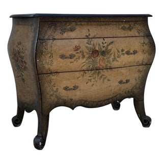 Vintage Louis XV Style Floral Painted Bombe Chest of Drawers With Black Top For Sale