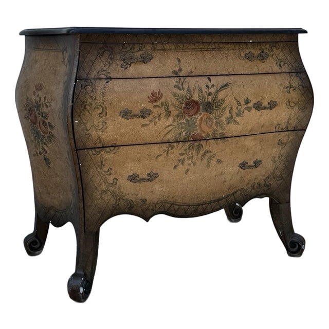 Vintage Louis XV Style Floral Painted Bombe Chest of Drawers With Black Top For Sale