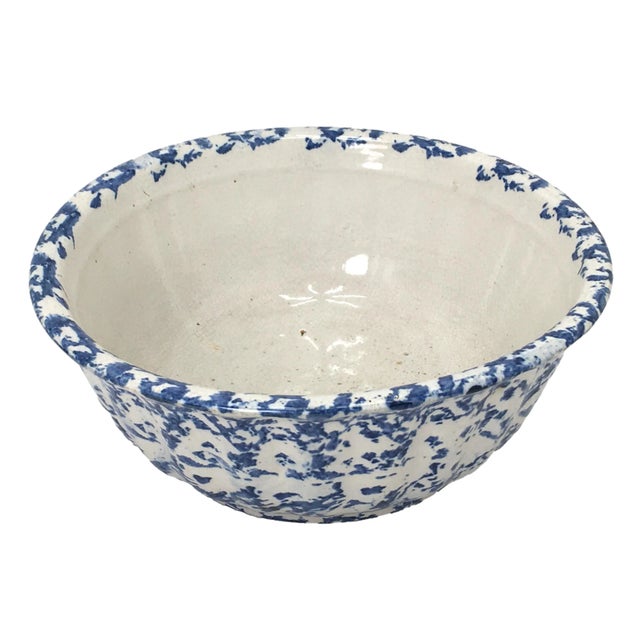 This Really is an Exceptionally Nice - Great Looking Antique American Blue Sponge Ware Decorated Stoneware Kitchen Mixing...