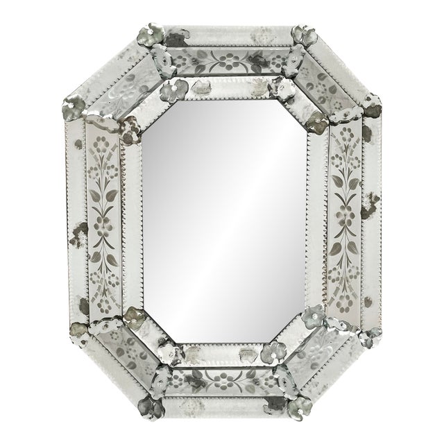 Antique Venetian Etched Glass Octagonal Cushion Mirror For Sale
