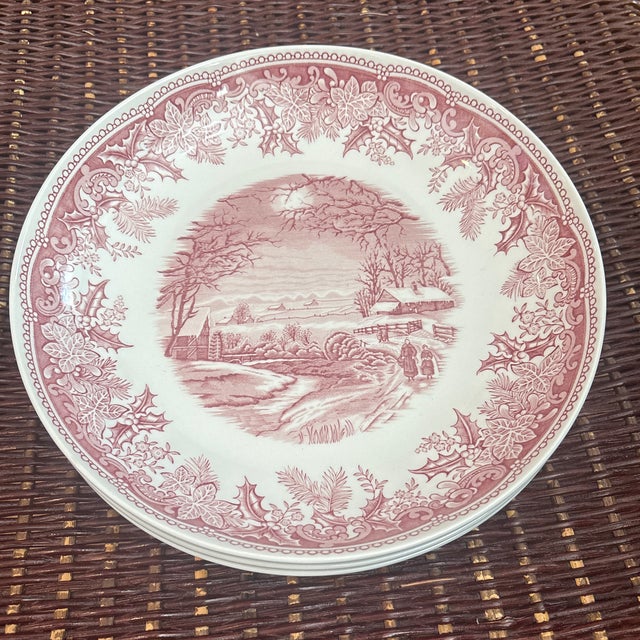 Spode Winters Eve Red 8 1/2” Pasta Bowls-set of 3. Winters Eve features a pastoral scene of a snow covered cabin, bare...
