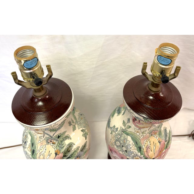Vintage Ceramic Vase Lamps With Elegant Floral Design on Wood Plinths- A Pair For Sale - Image 4 of 15