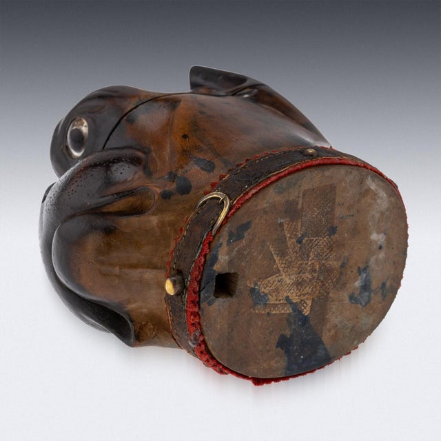 19th century victorian lignum vitae inkwell modelled as the head of a bulldog with realistic glass inset eyes, original...