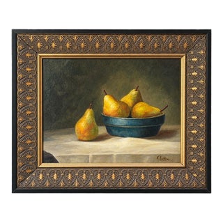 Bowl of Pears Oil Painting Still Life on Board Signed Leslie Outten For Sale