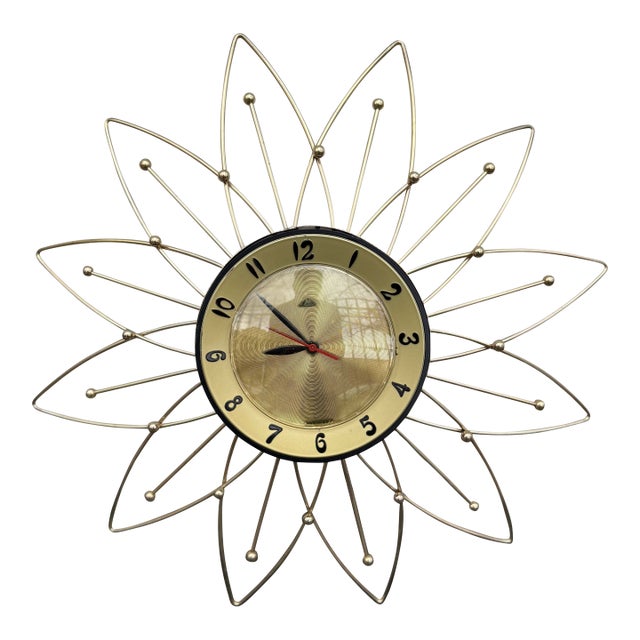 Lux Usa Atomic Wall Clock Sunburst Daisy Metal Brass Electric Mid Century Modern For Sale
