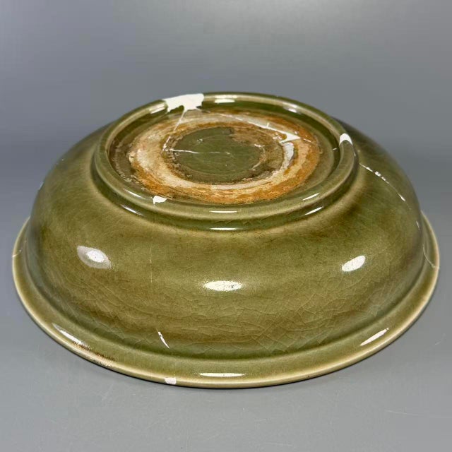 Antique Chinese Longquan Celadon Plate With Twin Fish Relief, Restored For Sale - Image 6 of 8
