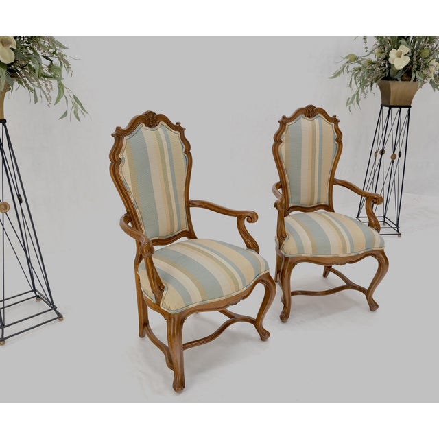 Pair Carved Striped Upholstery Tall Backs Carved Walnut Scallop Design Decorated For Sale - Image 12 of 17