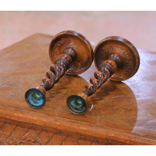 Wood Pair of Early 20th Century English Barley Twist Oak Candlesticks With Brass Cups For Sale - Image 7 of 8