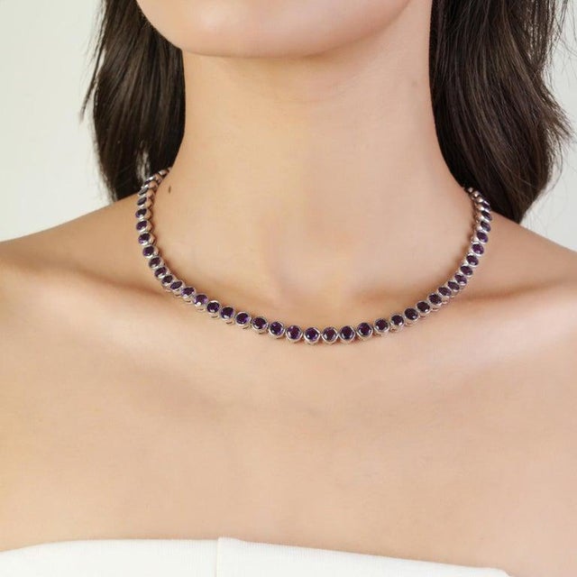 Round Cut Deep Purple Amethyst Gemstone Tennis Necklace- Silver Jewelry by Caratandher For Sale - Image 6 of 12
