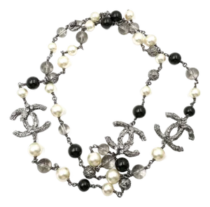 Chanel Gunmetal CC Branch Pearl Black Bead Necklace