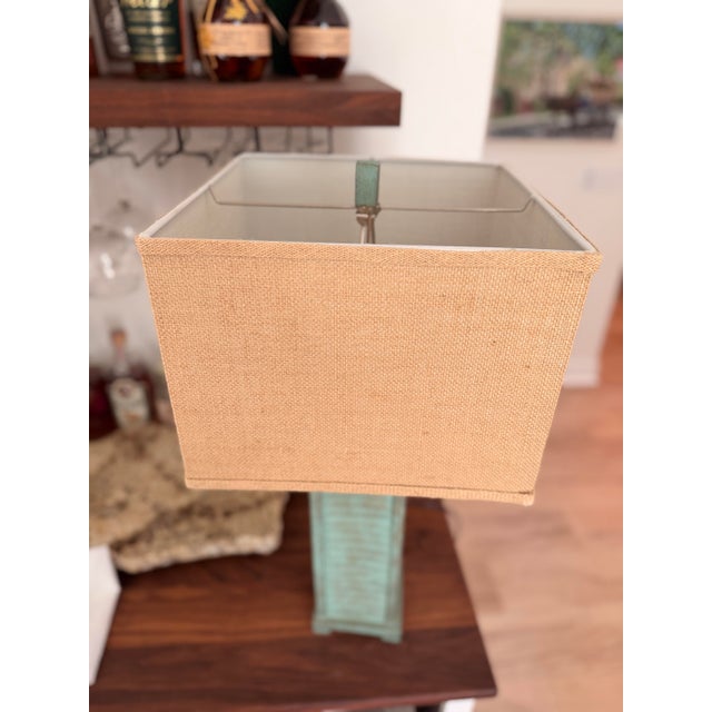 Verdigris 1990s Coastal Verdigris Green/Gold Column Table Lamps With Burlap Shades - a Pair For Sale - Image 8 of 8