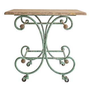 19th C French Cast Iron & Travertine Patisserie Table, With Brass Accents For Sale