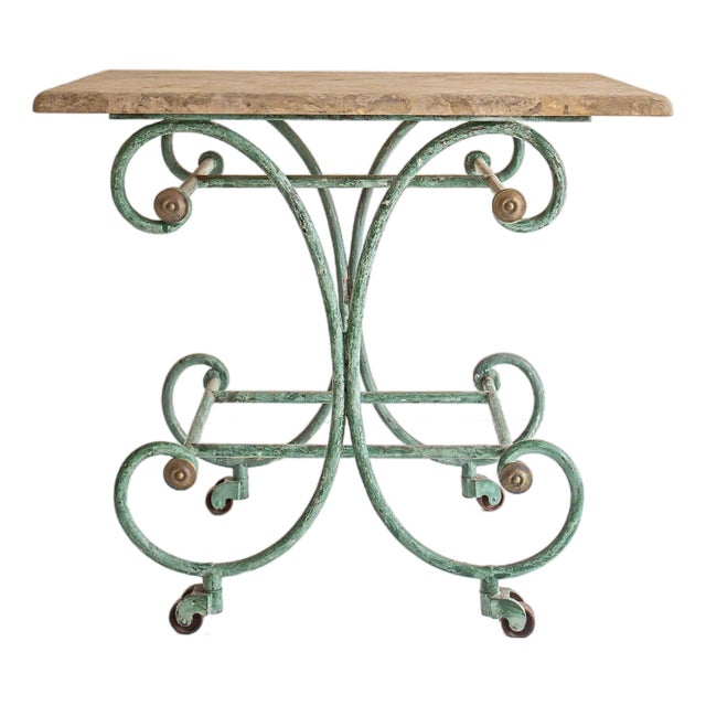 19th C French Cast Iron & Travertine Patisserie Table, With Brass Accents For Sale