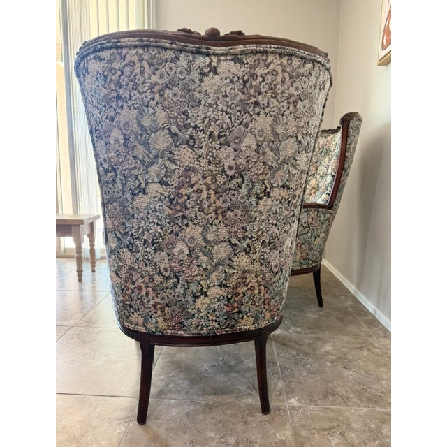 Pair of Vintage Victorian-Style Floral Wingback Chairs For Sale - Image 9 of 9