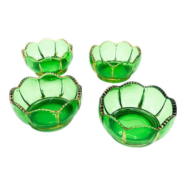 Mid-Century Modern Russian Emerald Green & Gilt Gold Glass Bowls - 4 Pieces For Sale
