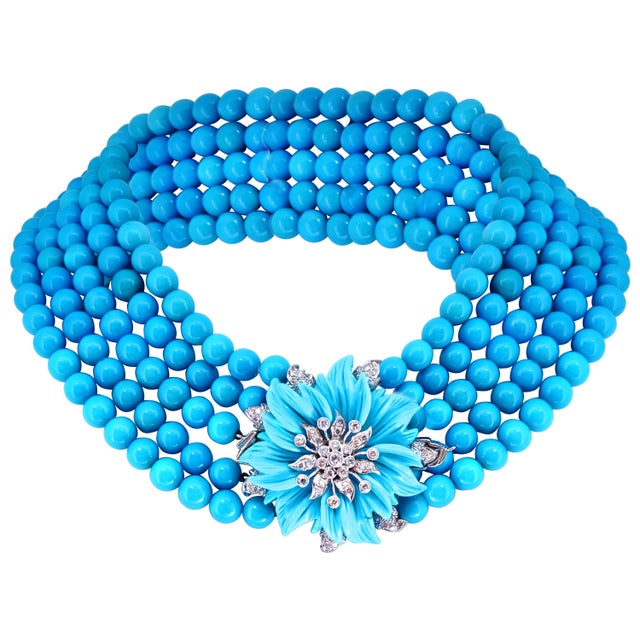 Modern Natural Sleeping Beauty Turquoise Necklace Five-Strand and Diamond French Clasp For Sale - Image 3 of 8