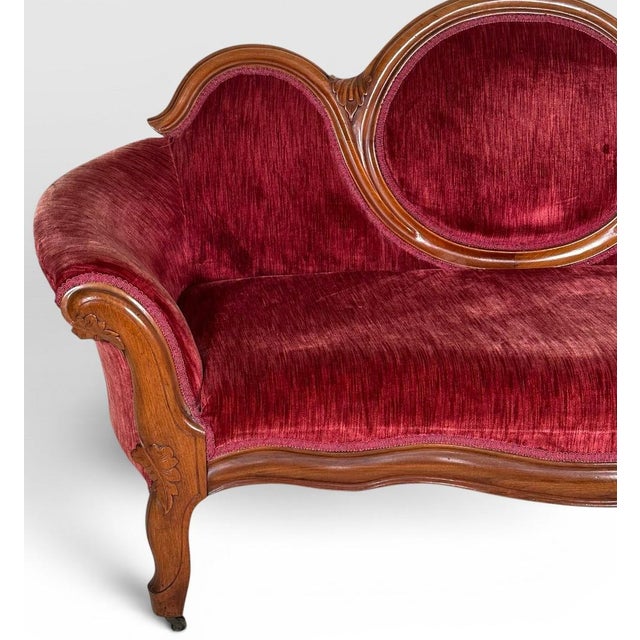 Victorian Antique Victorian Carved Walnut Triple Back Cranberry Velvet Settee For Sale - Image 3 of 18