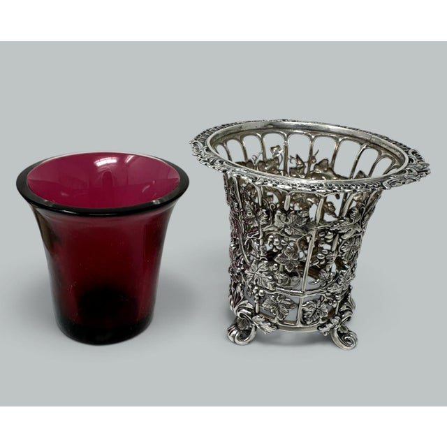 Glass Antique French Sterling Silver Vase Centerpiece Cranberry Glass Poss. Baccarat 19c For Sale - Image 7 of 9