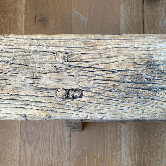Mid 20th Century Vintage Rustic Reclaimed Elm Wood Low Bench For Sale - Image 5 of 12