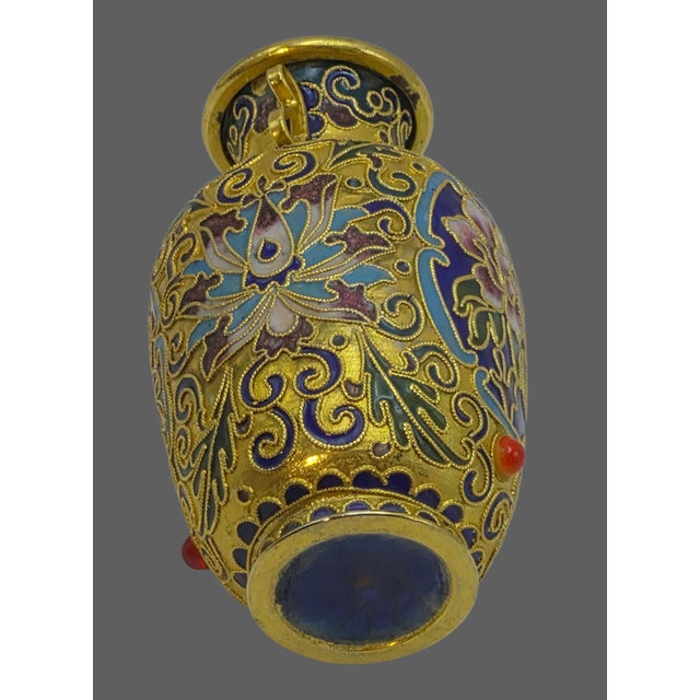 Vintage Ornate Jeweled Cloisonne Hand Painted Enamel Gilded Floral Small Vase For Sale - Image 9 of 11