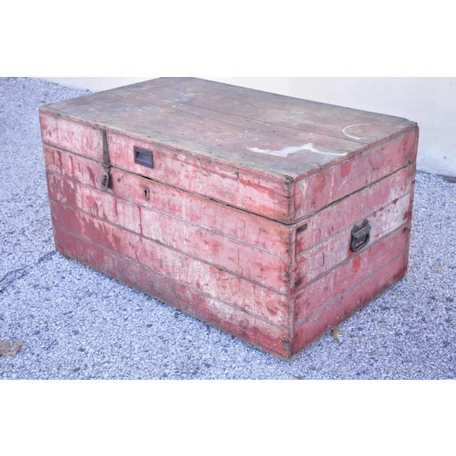 Antique Primitive Country Red Distress Painted Wood Treasure Blanket Chest Trunk For Sale - Image 12 of 12