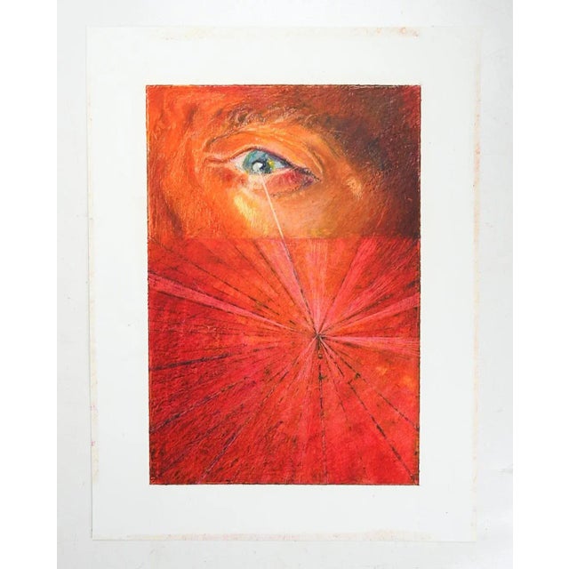 Late 20th century oil pastel on paper surreal painting with eye in bright orange and red. Unsigned. Unframed, edge wear.