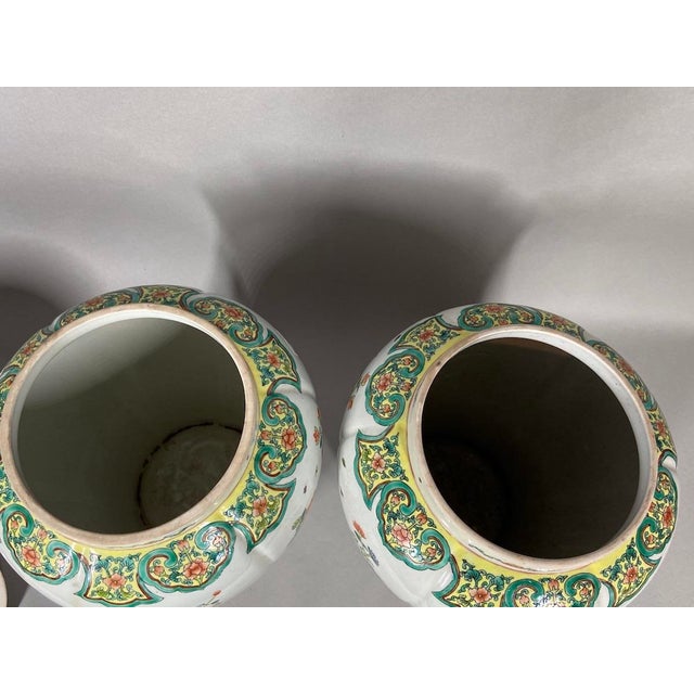 Antique White Mid-20c Chinese Famille Verte Green Porcelain Vases Pair 2pc For Sale - Image 8 of 10