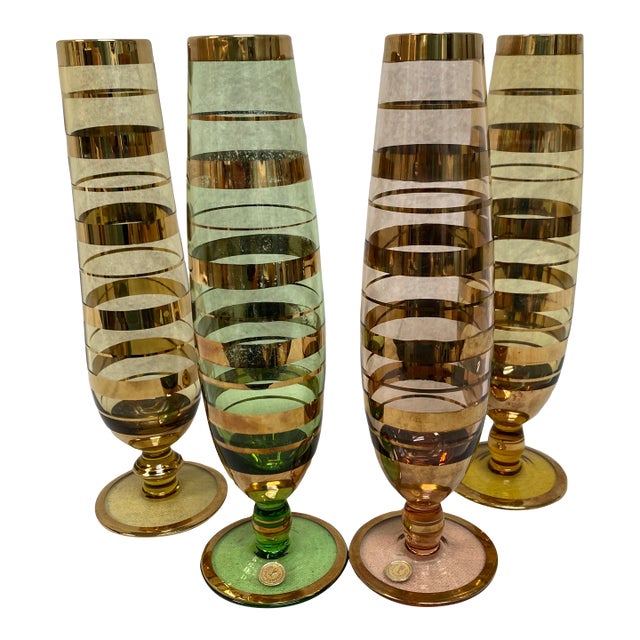 1960s Borske Sklo Glassworks Pink, Amber and Green Gold Stripe Champagne Glasses - Set of 4 For Sale