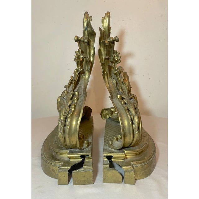 Pair of Antique 19th Century Ornate Rococo Gilt Bronze Fireplace Andirons Brass For Sale - Image 9 of 15